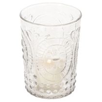 Artikel Windlicht aus Glas Ø7,5cm H10cm mit Ornamentmuster transparent