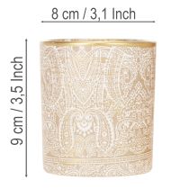 Artikel Windlicht Glas Teelichthalter Paisley-Muster Braun Weiß Gold Ø8cm H9cm 2 Stück
