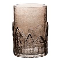 Artikel Windlicht aus braunem Glas mit Häuser-Relief 23 cm