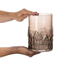 Artikel Windlicht aus braunem Glas mit Häuser-Relief 23 cm