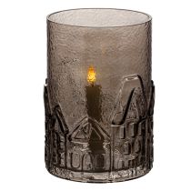 Artikel Windlicht aus braunem Glas mit Häuser-Relief 23 cm