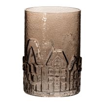 Artikel Windlicht aus braunem Glas mit Häuser-Relief 23 cm