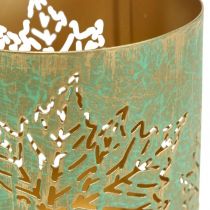 Artikel 3er-Set Windlichter Metall gold-türkis Ø8/10/13cm Herbstblattmotiv