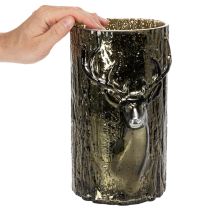 Artikel Windlicht Glas mit Hirschkopf und Baumrelief grünbraun 26cm