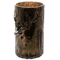Artikel Windlicht Glas mit Hirschkopf und Baumrelief grünbraun 26cm