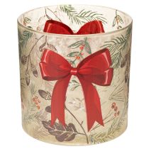 Artikel Windlicht Glas mit roter Schleife und Winterzweigen 15cm