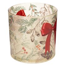 Artikel Windlicht Glas mit roter Schleife und Winterzweigen 15cm