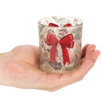 Artikel Windlicht Glas mit roter Schleife und Weihnachtszweigen 8 cm 2er-Set