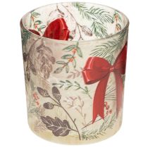 Artikel Windlicht Glas mit roter Schleife und Weihnachtszweigen 8 cm 2er-Set