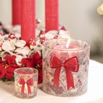 Artikel Windlicht Glas mit roter Schleife und Weihnachtszweigen 8 cm 2er-Set