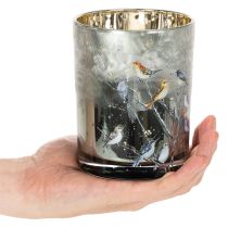 Artikel Kerzenglas aus Glas mit Winter-Vogelmotiv glänzend 12cm für Innenbereich