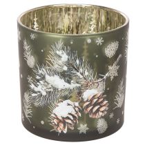 Artikel Windlicht Glas 15cm Grün Gold mit Tannenzapfen- und Schneeflockenmotiv