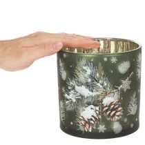 Artikel Windlicht Glas 15cm Grün Gold mit Tannenzapfen- und Schneeflockenmotiv