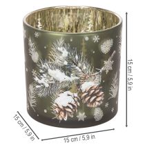 Artikel Windlicht Glas 15cm Grün Gold mit Tannenzapfen- und Schneeflockenmotiv