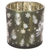 Artikel Windlicht Glas 15cm Grün Gold mit Tannenzapfen- und Schneeflockenmotiv