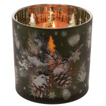 Artikel Windlicht Glas 15cm Grün Gold mit Tannenzapfen- und Schneeflockenmotiv