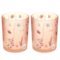 Artikel Deko Windlicht Glas Blumenmotiv Rosa-Weiß 12,5 cm 2er Set