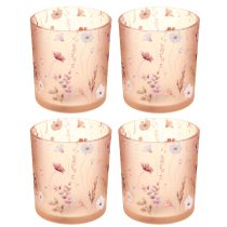 Artikel Windlicht aus Glas mit Blumenmuster in Rosa, 8 cm, 4 Stück