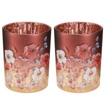Artikel Deko Windlicht aus Glas mit Blumenmotiv, 12,5 cm, Rot-Bunt, 2er Set