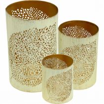 Artikel Herbst Windlicht 3er-Set Metall Creme-Gold H20,5/15,5/10,5cm