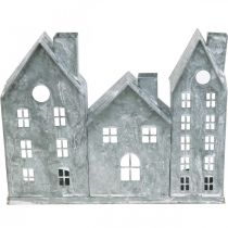 Artikel Fensterdeko Weihnachten, Windlicht, Diorama Hausreihe, Metalldeko Silbern Shabby Chic L20cm H20cm