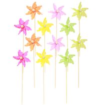 Artikel Windrad mit Punkten, Kunststoff, 8,5 cm Ø, Neonfarben, Holzstab, 12 Stück