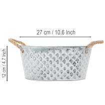 Artikel Zinkschale oval mit Seilgriffen 27cm x 17,5cm H12cm Silber Weiß Natur