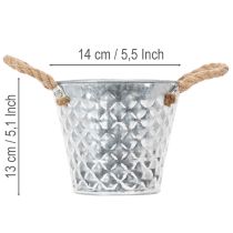 Artikel Zinktopf mit Seilgriffen Ø14,5cm H13cm silbern mit weißem Rautenmuster für Innen- und Außendekoration