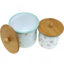 Artikel Emaille Vorratsdose mit Holzdeckel, Blumenmuster, H10/12cm, 2er-Set