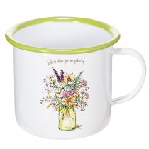Artikel Deko Pflanztopf Tasse Metall emailliert Ø11,5cm H10cm Weiß mit Blumendesign