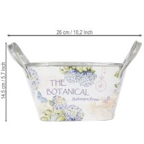Artikel Metallschale mit Griffen oval Hortensien-Motiv 26×13×14,5cm creme-weiß
