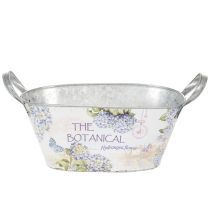 Artikel Blumenschale oval Metall mit Griffen 32×15×15cm Hortensien-Print Weiß Blau