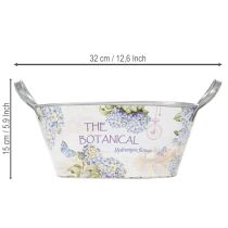 Artikel Blumenschale oval Metall mit Griffen 32×15×15cm Hortensien-Print Weiß Blau