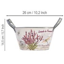 Artikel Blumenschale oval Metall mit Griffen Lavendelmotiv 26x13x14,5 cm