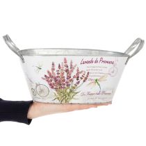 Artikel Blumenschale oval Metall mit Griffen Lavendelmotiv 32×15×15cm Weiß