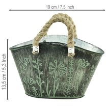 Artikel Blumentopf oval aus Metall mit Jutegriffen 19×13,5×13,5cm grün/dunkelgrau