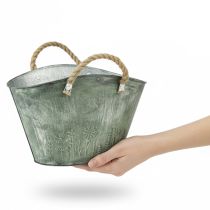 Artikel Blumentopf Metall mit Jutegriffen Grün Handtaschen-Design 31x20x17cm für Innen- und Außendekoration
