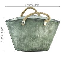 Artikel Blumentopf Metall mit Jutegriffen Grün Handtaschen-Design 31x20x17cm für Innen- und Außendekoration