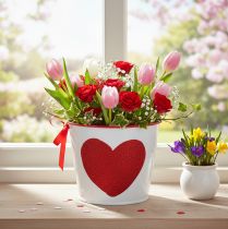 Artikel Blumentopf aus Metall mit rotem Herzmotiv Ø13cm H10,5cm Weiß