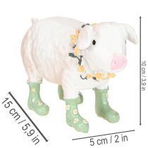 Artikel Deko-Schwein aus Polyresin 15,5cm in Rosa mit grünen Gummistiefeln und Blumenkranz