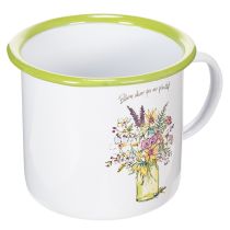 Artikel Deko Pflanztopf Tasse Metall emailliert Ø11,5cm H10cm Weiß mit Blumendesign