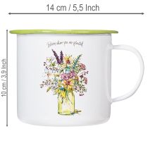 Artikel Deko Pflanztopf Tasse Metall emailliert Ø11,5cm H10cm Weiß mit Blumendesign