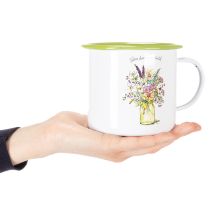Artikel Deko Pflanztopf Tasse Metall emailliert Ø11,5cm H10cm Weiß mit Blumendesign