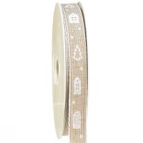 Artikel Dekoband für Weihnachten Häuschen und Tannen Beige, Weiß 15mm 20m