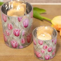Artikel Windlicht aus Glas mit Tulpenmotiv 12,5 cm rosa-weiß 2 Stück