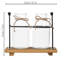 Artikel Flaschenvasen Glas mit Holzsockel und Metallhalter, 23x12x19,5cm, 2 Stück