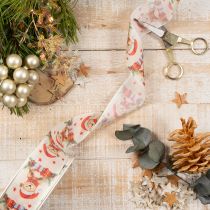 Artikel Geschenkband Stoff 40mm Bär Weihnachtsmütze Geschenke Creme Rot Grün 15m