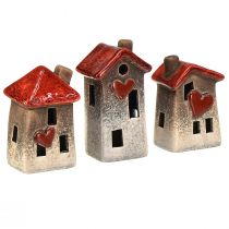 Artikel Romantische Keramik-Häuser mit Herzmotiv – Rot & Naturtöne, 11cm – Liebevoll gestaltete Winterdeko – 3St