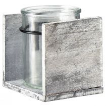 Artikel Teelichthalter aus Glas mit Holzrahmen, Grau-Weiß, 10x9x10 cm, Tischdeko