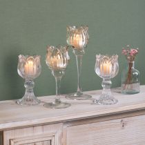Artikel Kerzenhalter aus Glas in Blumenform, 22 cm hoch, transparent